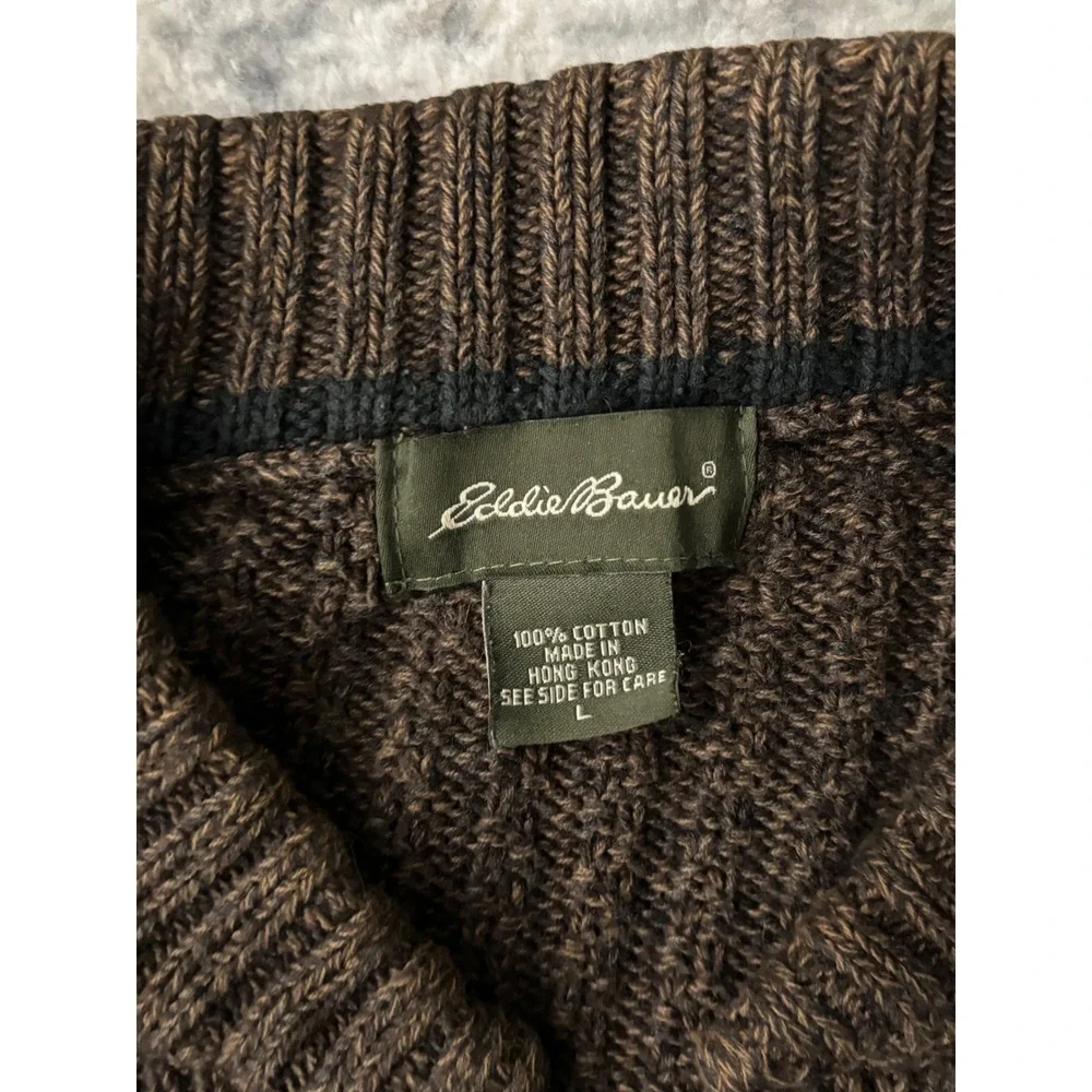 Vtg Eddie Bauer Fisherman Henley Sweater‎ Mens L Brown Chunky Cable Knit Cotton